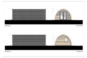 medinis surenkamas glamping namelis miskas fasadai